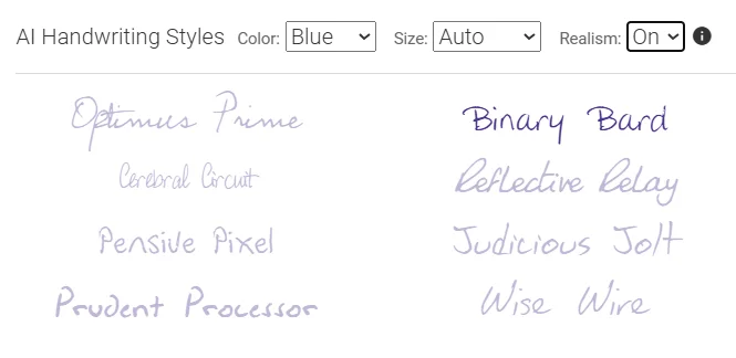 AI Handwriting Styles showing different fonts including realism mode