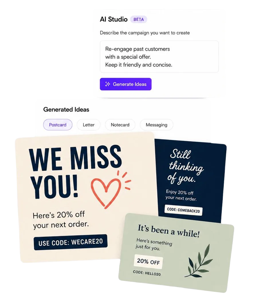 Thanks AI Studio direct mail design examples Direct mail campaign creatives generated with Thanks AI Studio