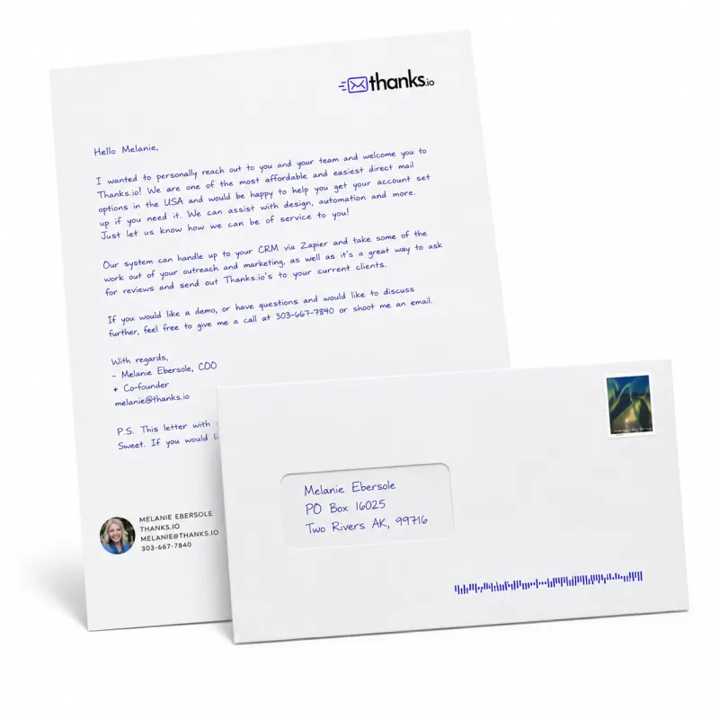 Thanks.io full-color letter with windowed envelope