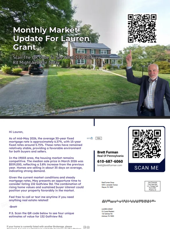 Monthly Market Update postcard example from Brett Furman with a QR code to scan for a home value estimate